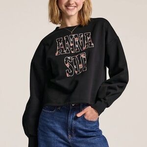 Anna Sui Black Crewneck Sweatshirt with Floral Logo